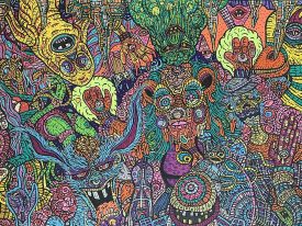 Robb Sandagata, inks and paint on wood panel